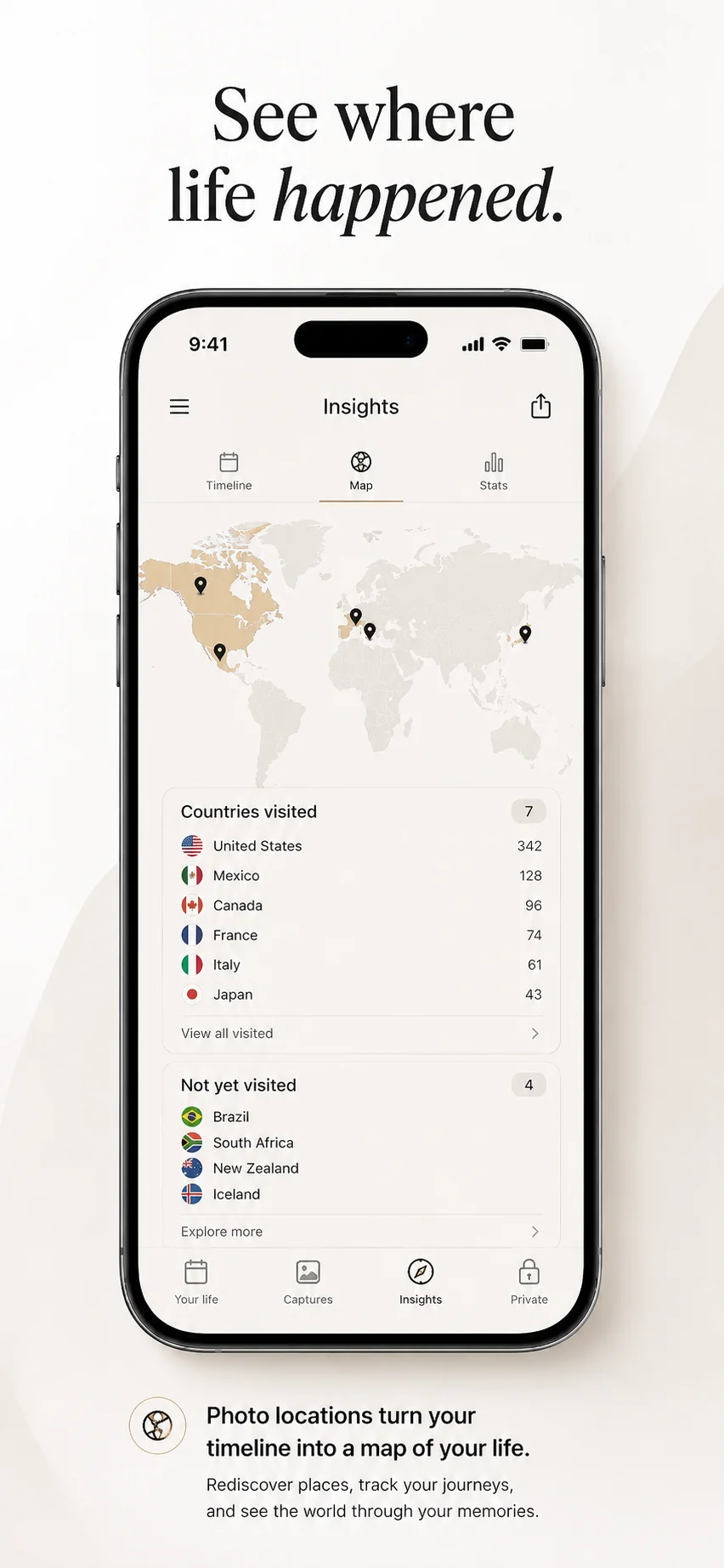 Memento Me world map with countries visited from photo locations